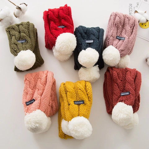 Knitted Baby Scarf Wool Blend Warm Neck Warmer White Pom Poms Cross Design Solid Color Cute Winter For Toddlers Kids