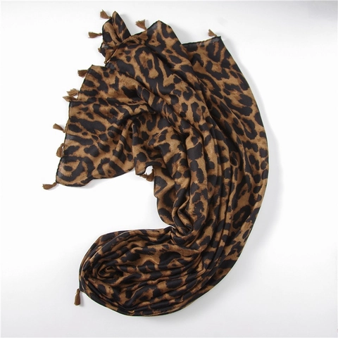 Leopard Print Scarf Shawl Satin Cotton Lightweight With Tassels Fashion Large Long Wrap For Women