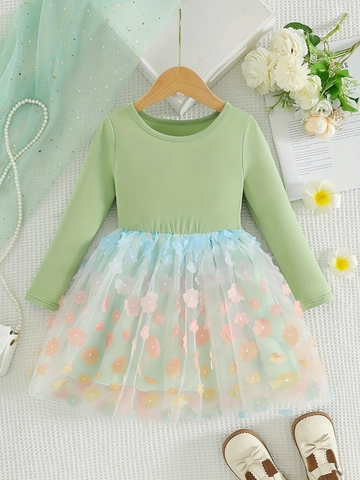 Girls Long Sleeve Princess Dress Sweet Light Green Cotton Blend Mesh Skirt With 3D Floral Applique For Birthday Party Kids Clothes