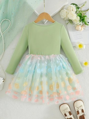 Girls Long Sleeve Princess Dress Sweet Light Green Cotton Blend Mesh Skirt With 3D Floral Applique For Birthday Party Kids Clothes