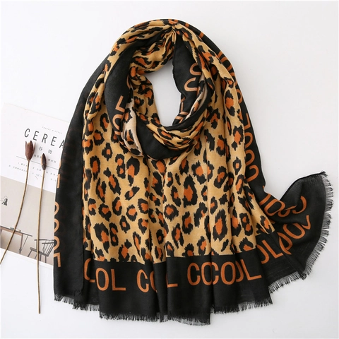 Sciarpa Scialle Avvolgente Lungo Stampa Leopardata Design Lettere Nappine Frange Morbido Elegante Chic Donne