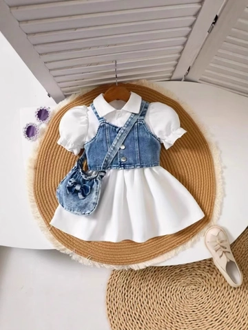 Toddler Girls Summer Clothing Set Denim Vest And White Puff Sleeve Shirt Dress Two-Piece Suit With Matching Bow Bag