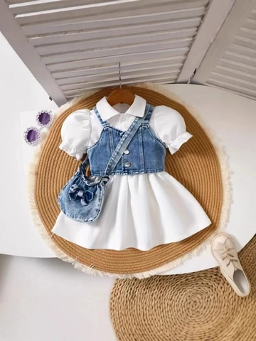 Toddler Girls Summer Clothing Set Denim Vest And White Puff Sleeve Shirt Dress Two-Piece Suit With Matching Bow Bag
