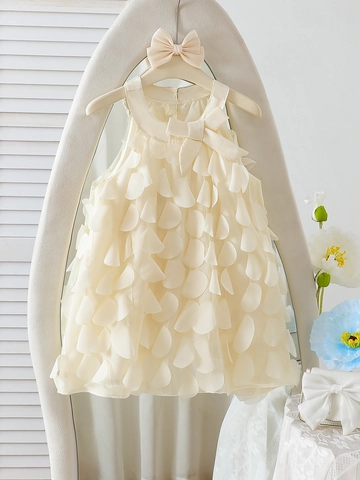 Robe de Princesse sans Manches pour Filles avec Pétales de Fleurs 3D et Nœud Beige Élégante Tulle Fête Mariage