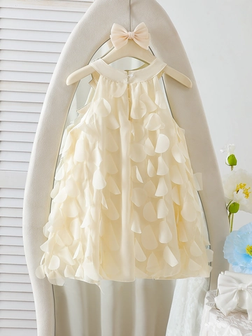 Robe de Princesse sans Manches pour Filles avec Pétales de Fleurs 3D et Nœud Beige Élégante Tulle Fête Mariage