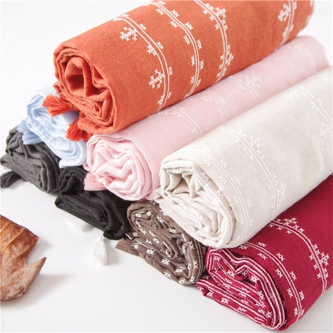 Sciarpa In Cotone E Lino Da Donna Ricamo Floreale Nappine Scialle Protezione Solare Etnico Boho Morbido Traspirante