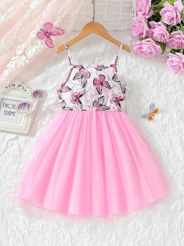 Girls Summer Suspender Butterfly Print Dress With Large Bow Mesh Tutu Princess Dress For Kids Toddler Pink