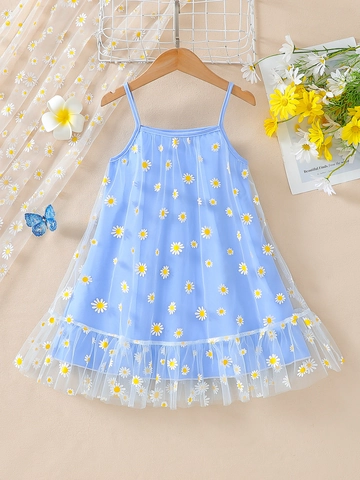 Girls Summer Daisy Mesh Sling Dress Sweet Floral Sleeveless Tulle Princess Dress With Ruffle Hem For Kids Daily Vacation