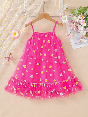 Girls Summer Daisy Mesh Sling Dress Sweet Floral Sleeveless Tulle Princess Dress With Ruffle Hem For Kids Daily Vacation