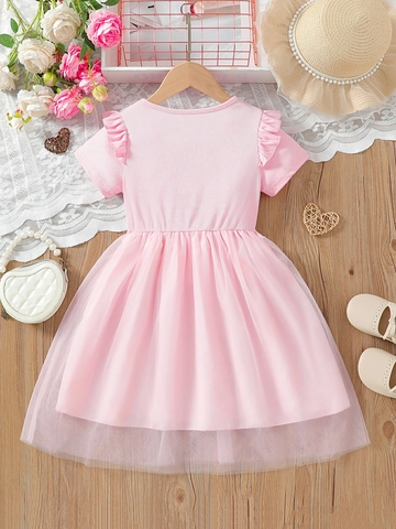 Pink Toddler Girls Birthday Girl Letter Print Princess Dress With Mesh Tulle Skirt Flutter Short Sleeve Summer Party Dress