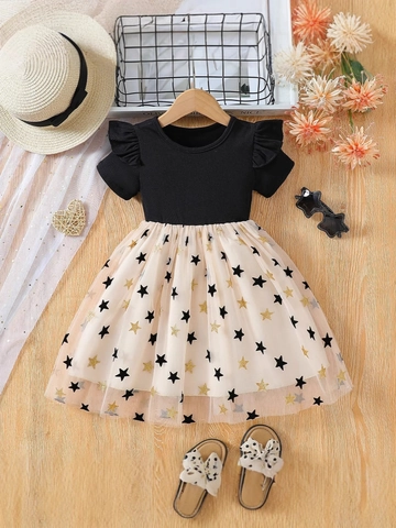Girls Summer Princess Dress Short Sleeve Ribbed Top With Layered Mesh Skirt Gold Star Print Ruffle Kids Sweet Party Dress