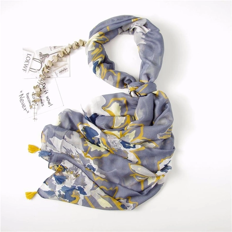 Abstract Floral Graffiti Print Scarf Shawl Cotton Linen Feel Lightweight Oversized Tassel Wrap For Women Autumn Winter