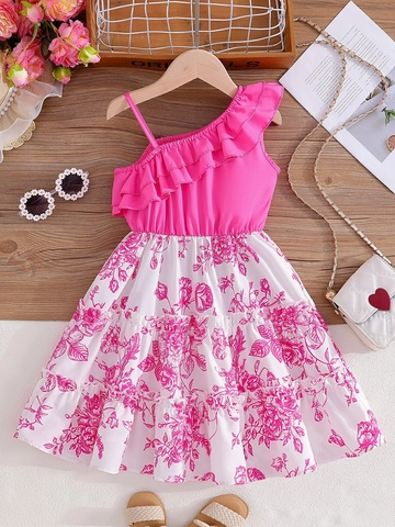 Mädchen Einseitig Schulterfrei Rüschen Kleid Blumenmuster Rose Rot Sommer Ärmellos Prinzessin Gestuft Baumwollmischung
