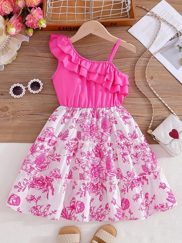 Mädchen Einseitig Schulterfrei Rüschen Kleid Blumenmuster Rose Rot Sommer Ärmellos Prinzessin Gestuft Baumwollmischung