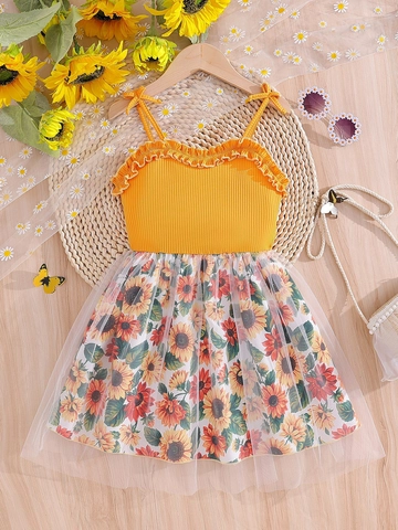 Abito Ragazza Stampa Girasole Mesh Tulle Estate Senza Maniche Maglia Costine Principessa Spalline Volant Neonati Bambini Vestiti