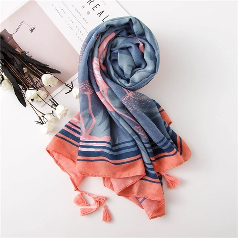 Écharpe Artistique en Coton pour Femmes Imprimé Flamant Rose Bleu Brume Rose Corail Châle Léger Avec Glands pour Printemps Été Voyage