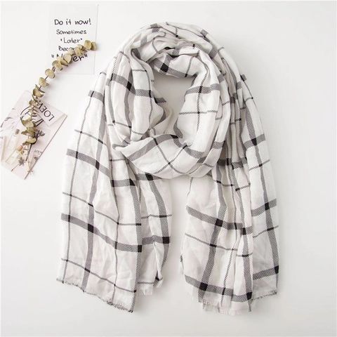 Sciarpa Scialle A Quadri Classica Donna Sensazione Cotone Lino Protezione Solare Leggera Versatile Frange Nappe