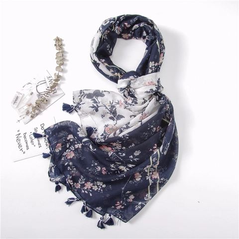 Retro Floral Print Scarf Thin Breathable Polyester Shawl With Tassels Navy Blue Contrast Elegant Wrap For Women