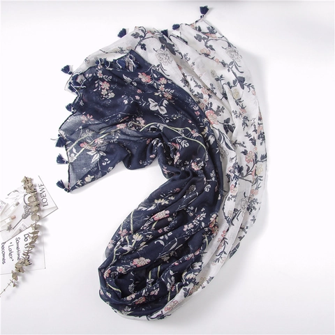 Retro Floral Print Scarf Thin Breathable Polyester Shawl With Tassels Navy Blue Contrast Elegant Wrap For Women