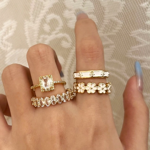 Adjustable Gold Plated Copper Rings For Women With Cubic Zirconia Enamel Flower Geometric Design Elegant Jewelry