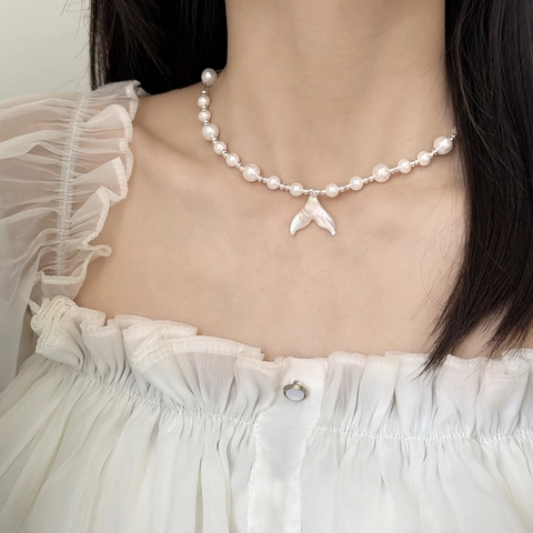 Artificial Pearl Necklace With Shell Fishtail Mermaid Tail Pendant Copper Chain Elegant Adjustable Fashion Jewelry For Women