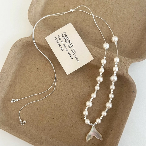 Artificial Pearl Necklace With Shell Fishtail Mermaid Tail Pendant Copper Chain Elegant Adjustable Fashion Jewelry For Women