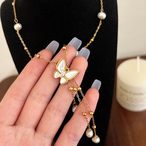 Vlinder Hanger Ketting Zoetwaterparel Schelp Kwastje Elegant Vergulde Sieraden Voor Dames