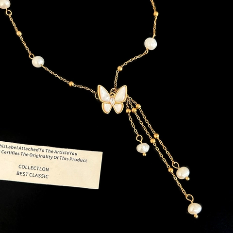 Vlinder Hanger Ketting Zoetwaterparel Schelp Kwastje Elegant Vergulde Sieraden Voor Dames