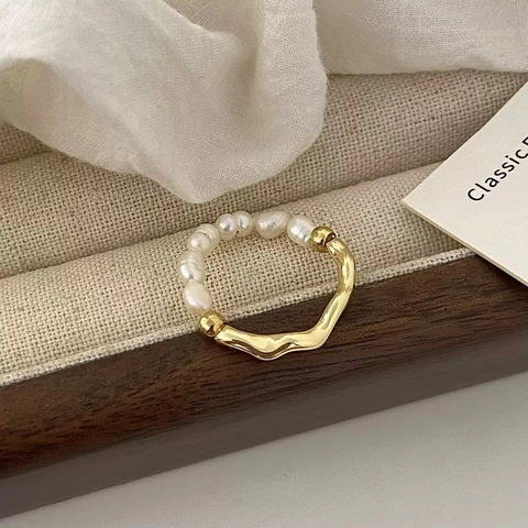Französische Elegante Irreguläre Kupferringe Mit Künstliche Perle Gold Silber Plattiert Minimalistisch Offen Verstellbar Schmuck Für Damen