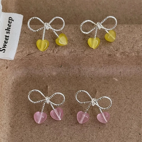 Boucles D'oreilles Pendantes Noeud Coeur Pour Femmes Cuivre Plaqué Argent Doux Élégant Style Cerise Perles Résine