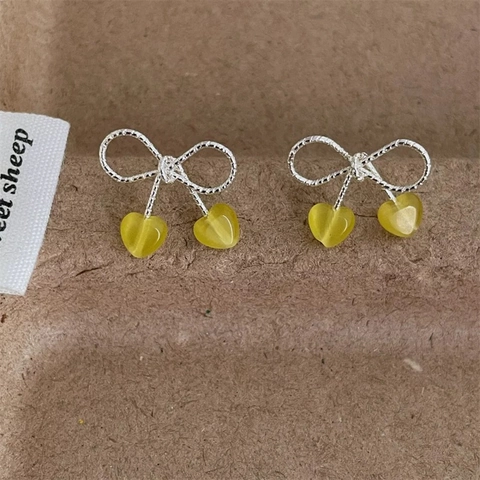 Boucles D'oreilles Pendantes Noeud Coeur Pour Femmes Cuivre Plaqué Argent Doux Élégant Style Cerise Perles Résine