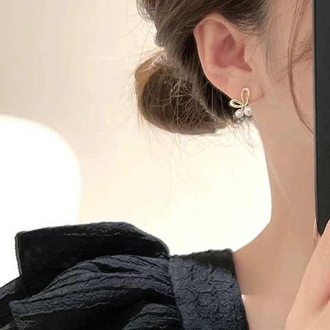 Boucles D'Oreilles Nœud Künstliche Perle Élégantes Avec Tige En Argent Sterling 925 Bijoux En Cuivre Minimalistes Pour Femmes