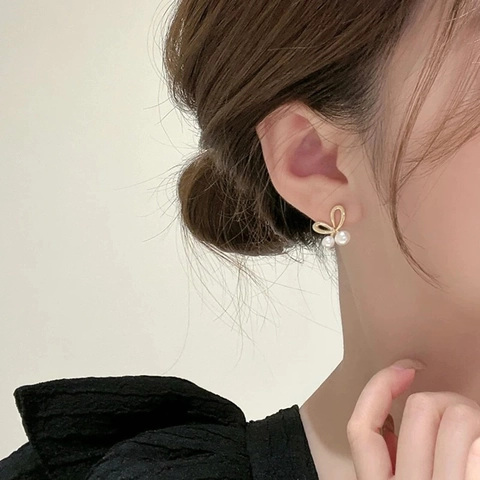Boucles D'Oreilles Nœud Künstliche Perle Élégantes Avec Tige En Argent Sterling 925 Bijoux En Cuivre Minimalistes Pour Femmes