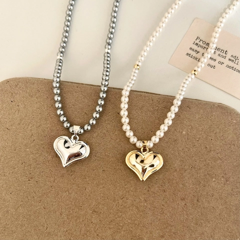 Collar Con Colgante De Corazón Perlas Artificiales De Imitación Cobre Chapado En Oro De 14K Elegante Joyería Vintage Mujer