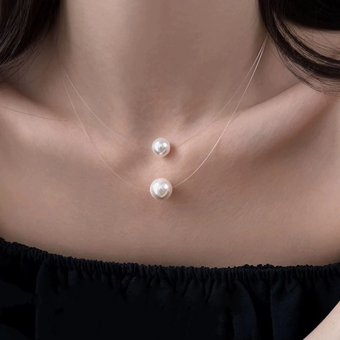 French Elegant Minimalist Single Pearl Invisible Fishing Line Necklace For Women 14k Gold Plated Copper Pearl Choker Daily Jewelry