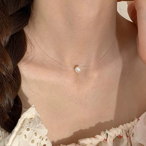 French Elegant Minimalist Single Pearl Invisible Fishing Line Necklace For Women 14k Gold Plated Copper Pearl Choker Daily Jewelry