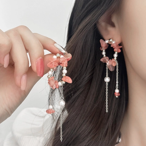 Boucles D'Oreilles À Pampilles En Künstliche Perles Et Pierres Avec Tige En Argent Créoles Géométriques Longues Style Doux