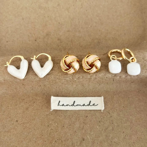 French Vintage Copper Earrings With White Enamel Heart Square Round Geometry Gold Plated Minimalist Elegant Jewelry Women