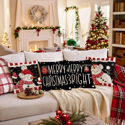 Kerst Kussensloop Faux Linnen Sneeuwpop Merry Christmas Print Decoratieve Kussenhoes Voor Sofa Couch Bed
