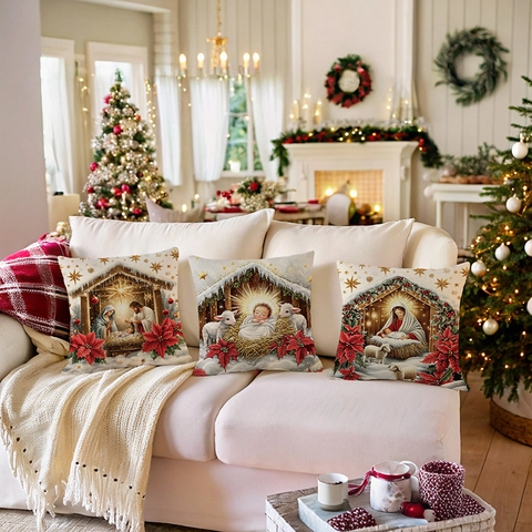 Weihnachten Krippe Kissenbezug Religiöse Geburt Jesu Feiertag Dekoration Leinenoptik Polyester Kissenhülle Für Sofa