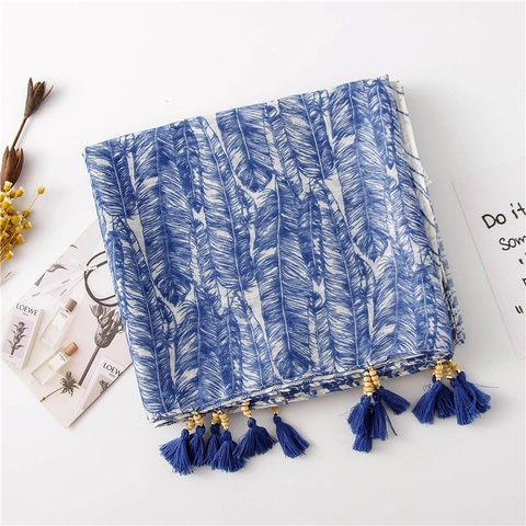 Women's Bohemian Printed Scarf With Tassel And Wooden Bead Feather Geometric Pattern Sun Protection Shawl Beach Wrap Large Scarf