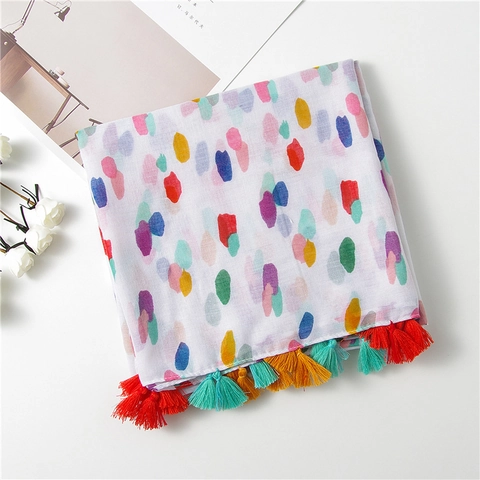 Long Voile Scarf Colorful Polka Dot Print Shawl With Tassels Lightweight Artistic Bohemian Sun Protection Beach Wrap