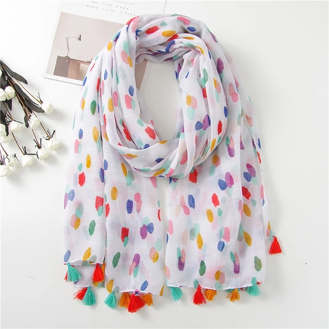 Long Voile Scarf Colorful Polka Dot Print Shawl With Tassels Lightweight Artistic Bohemian Sun Protection Beach Wrap