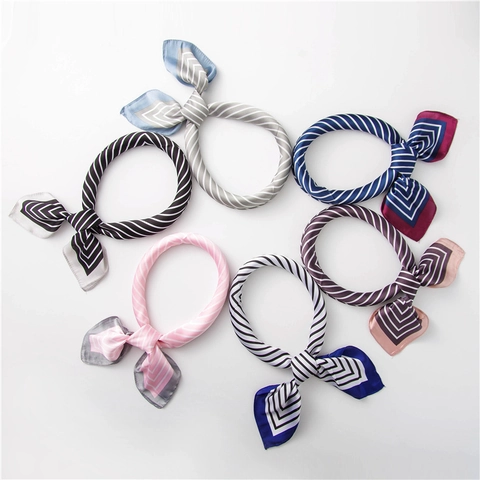 Women Small Square Scarf Faux Satin Satin Geometric Stripe Print Professional Office Neckerchief Elegant Hair Band Accessory
