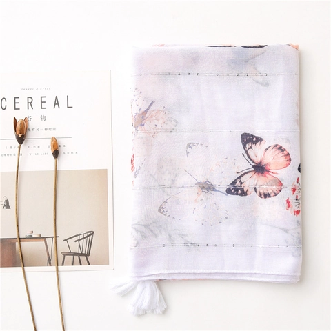 Butterfly Print Scarf For Women Lightweight Voile Shawl With Silver Wire And Cotton Tassels Summer Beach Vacation