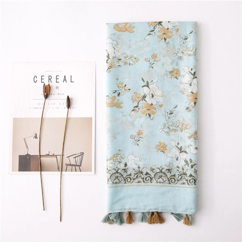 Women Floral Print Scarf Large Cotton Linen Feel Sunscreen Shawl Beach Wrap Ethnic Style With Tassels