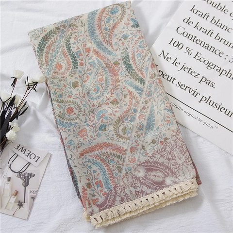 Women Scarf Shawl Lightweight Voile Paisley Print Lace Edge Silver Foil Bohemian Ethnic Sun Protection Wraps