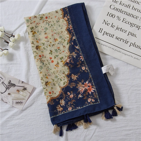 Women Scarf Shawl Lightweight Voile Floral Print Contrast Border Tassel Soft Retro Sun Protection Wrap Accessory
