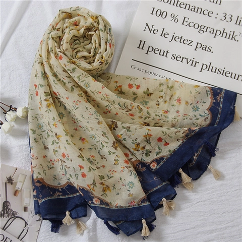 Women Scarf Shawl Lightweight Voile Floral Print Contrast Border Tassel Soft Retro Sun Protection Wrap Accessory
