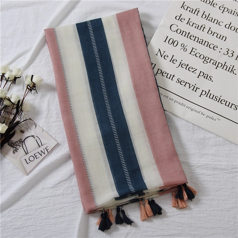 Sciarpa Leggera In Cotone E Lino A Righe Verticali Con Nappe Scialle Traspirante Per Donna Protezione Solare Spiaggia